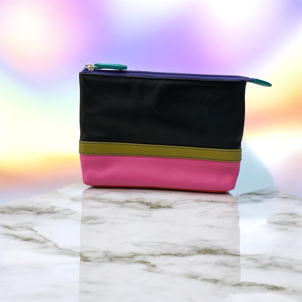 Leather Chic Black and Pink Cosmetic Bag with Olive Accent